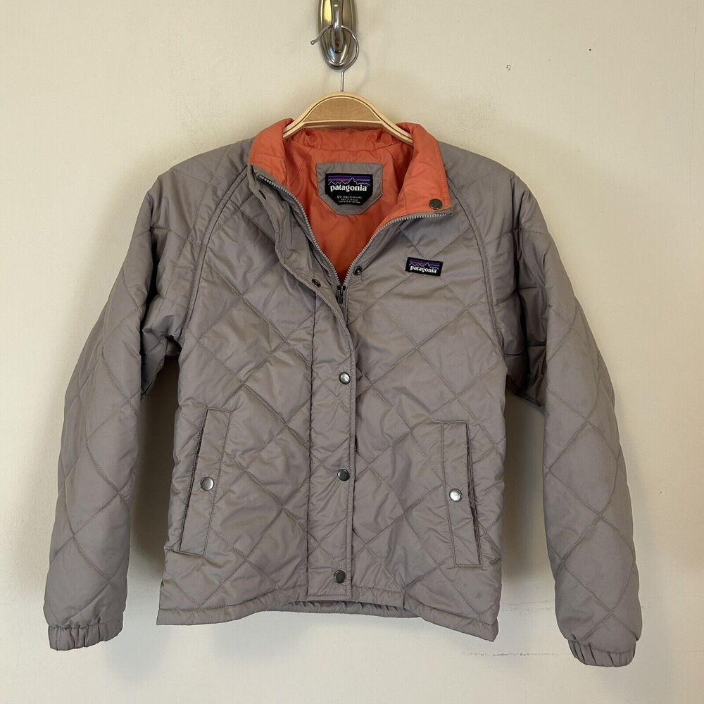 Patagonia Girl’s Diamond Quilt Jacket in Drifter Grey Size L 12 - Stains